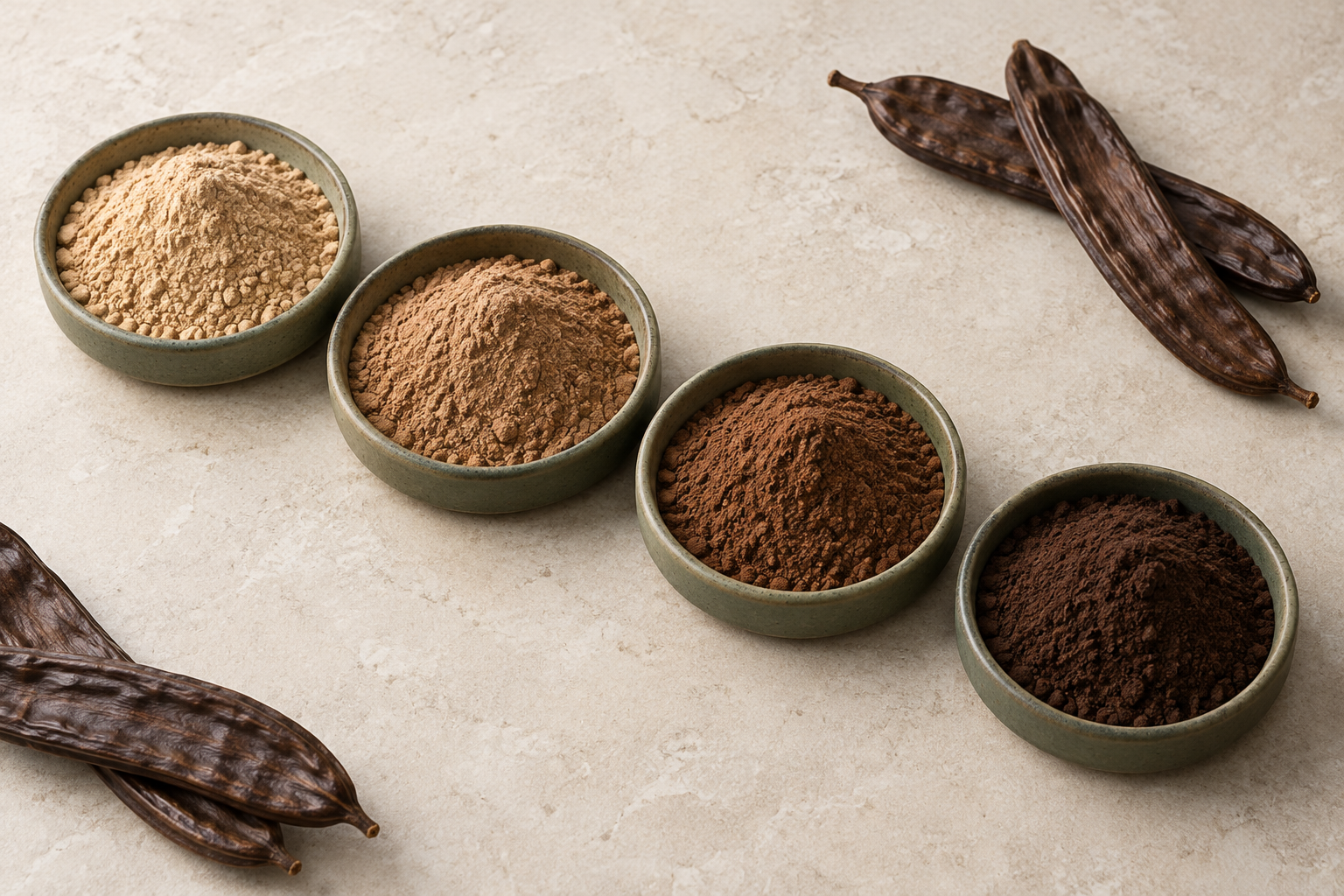 Four ceramic dishes showing raw, light, medium and dark carob powder profiles